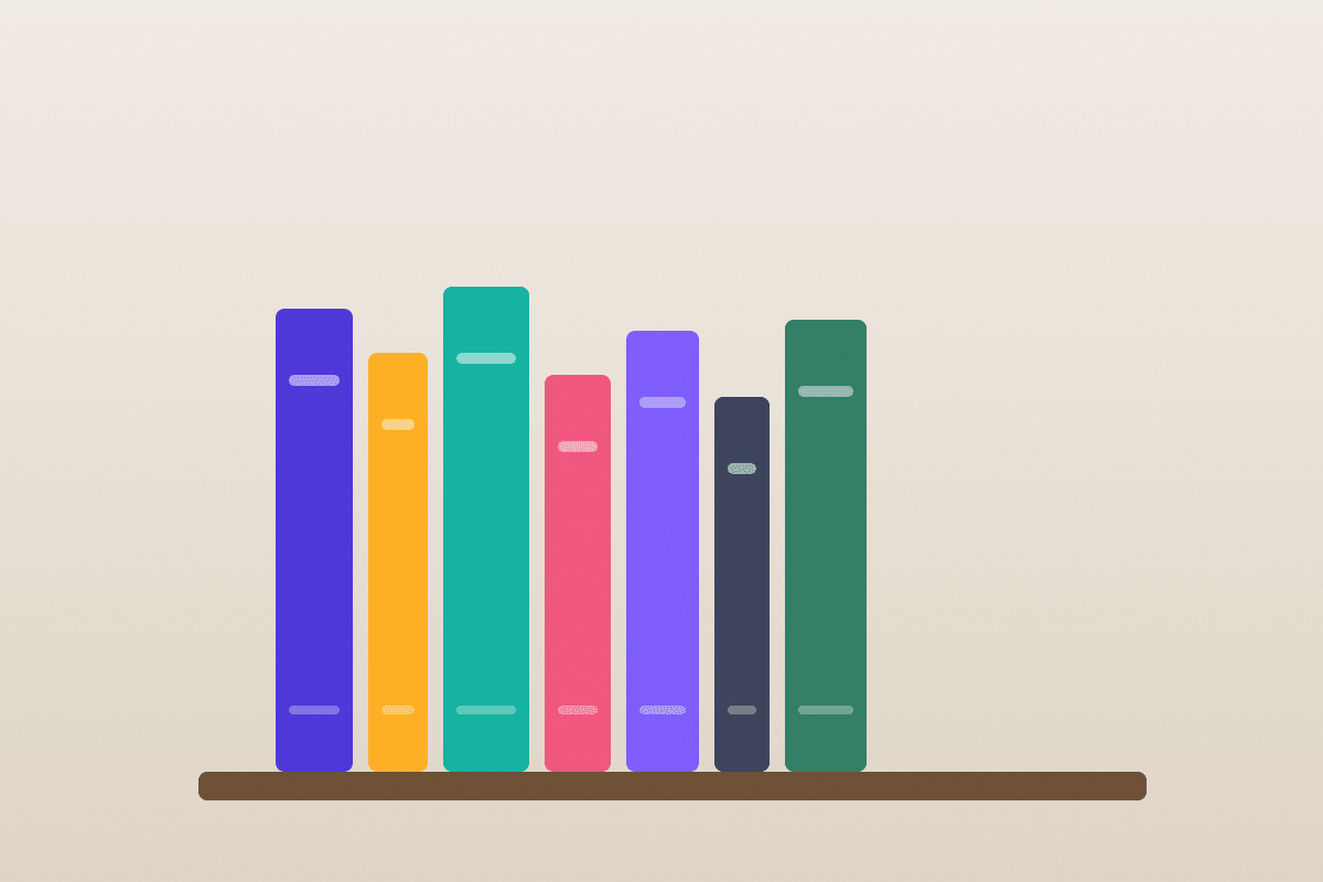 A row of coloured book spines on a shelf