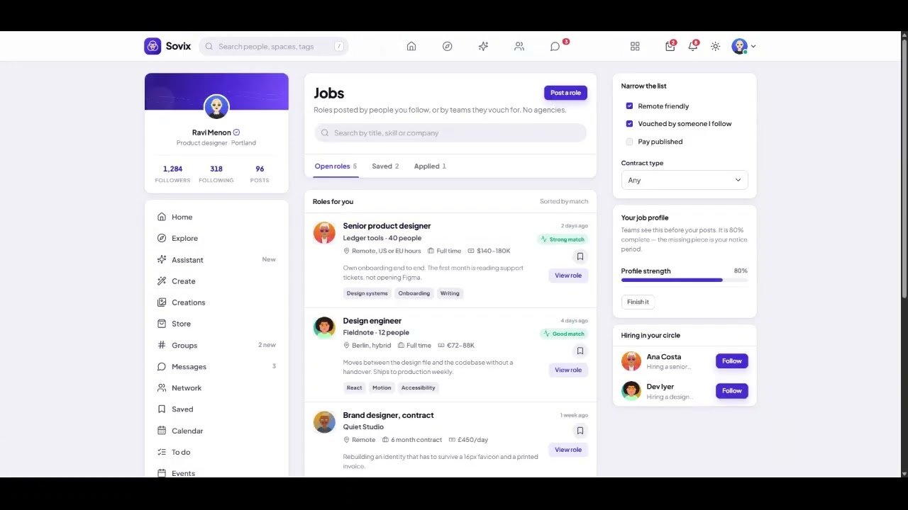 A walkthrough of the Sovix jobs board, showing open roles and filters