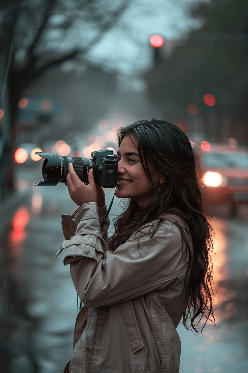 A photographer on a rainy street lit by traffic lights